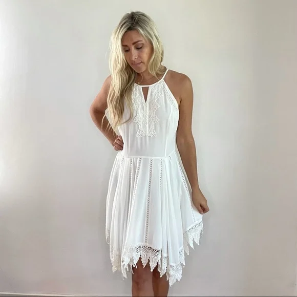 Greylin White Asymmetrical Lace Trim Dress Large - Picture 15 of 15